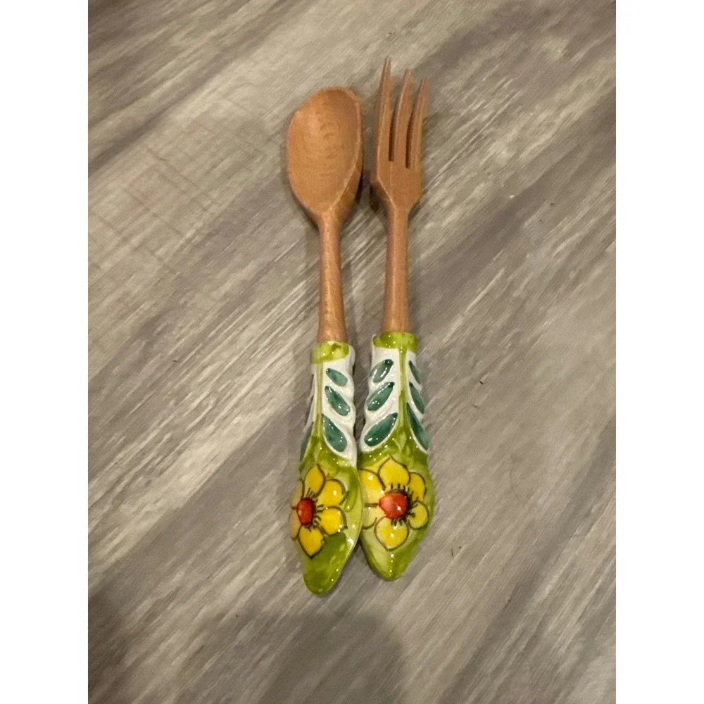 Vintage Italian Hand Painted Ceramic Handle Wood Salad Serving Set Sunflower 2pc